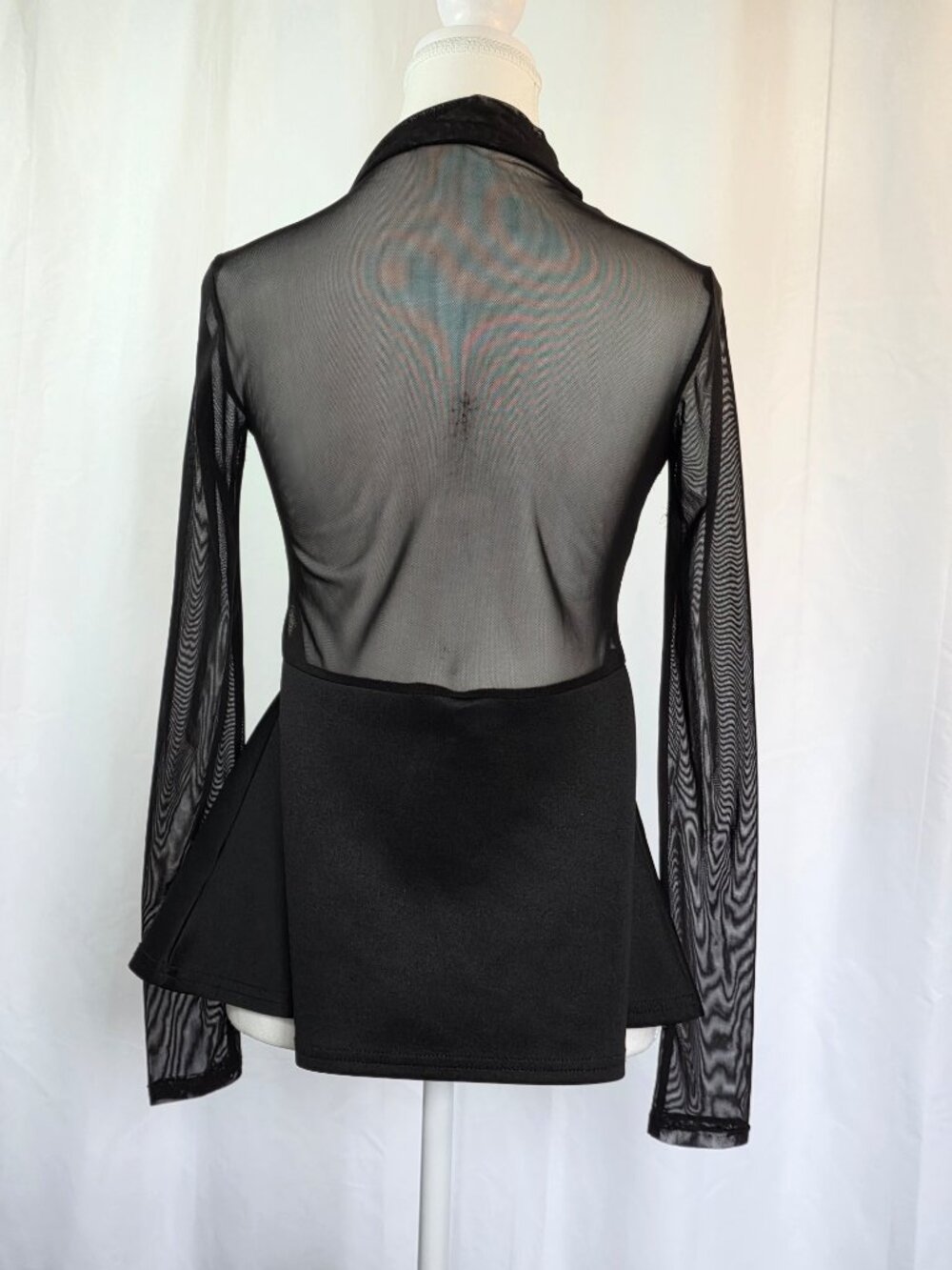 Revamped Size Small Black Mesh Zip Front Sheer Long Sleeves Flared Peplum Waist - Picture 3 of 9